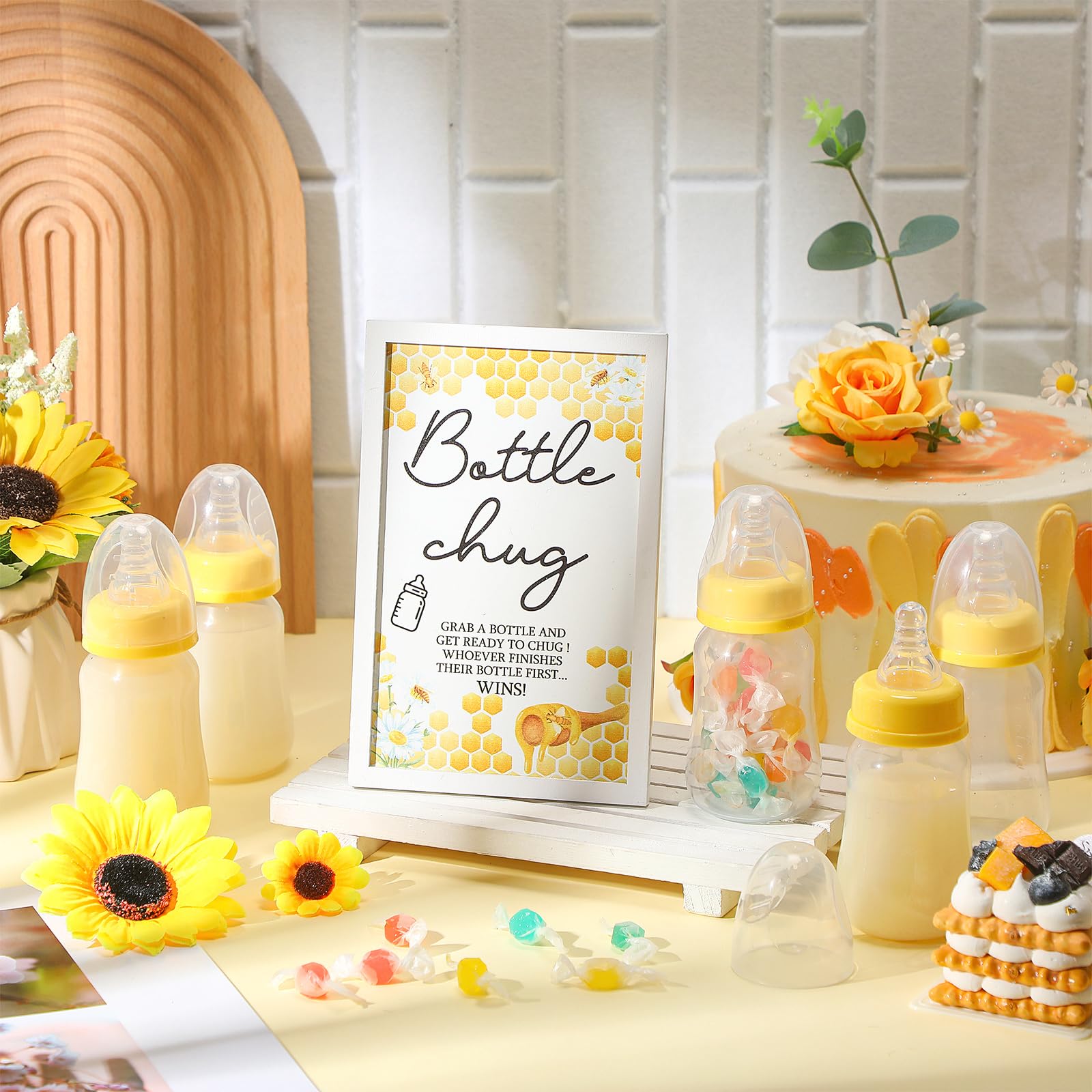 Roowest Bottle Chug Baby Shower Game Favors Including Bee Theme Bottle Chug Game Wooden Sign And 18 Pcs Yellow Baby Bottles For